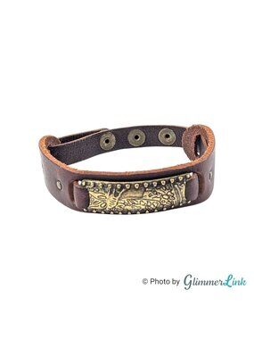 Butterfly Brass Tone Adjustable Snap Leather Cuff Bracelet